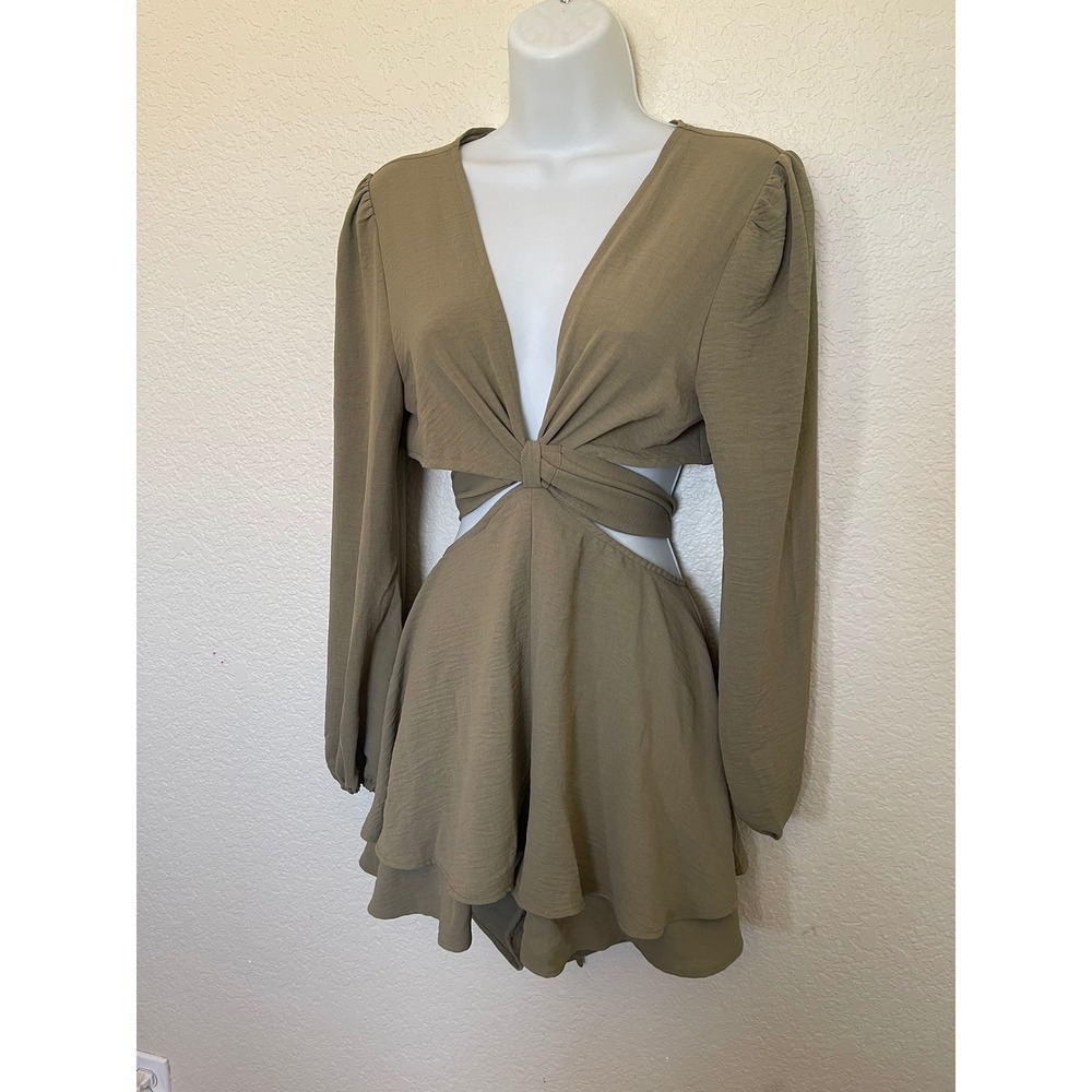 Simplee Romper Women M Army Green 2 Piece Wrap Tie Back Deep V Long Sleeve